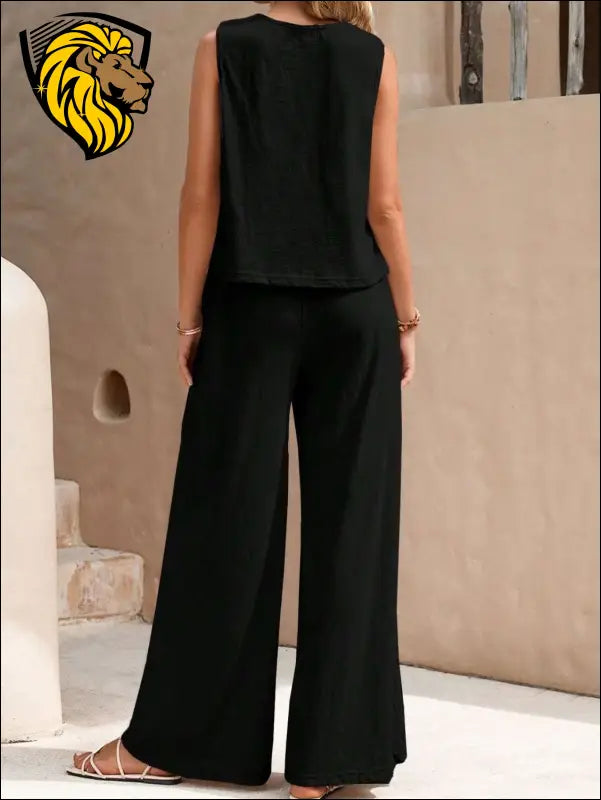 Round Neck Sleeveless Top and Wide Leg Pants Set - Set