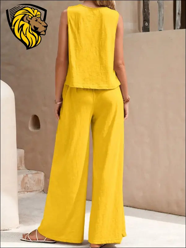 Round Neck Sleeveless Top and Wide Leg Pants Set - Set