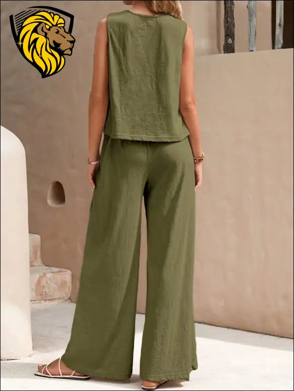 Round Neck Sleeveless Top and Wide Leg Pants Set - Set