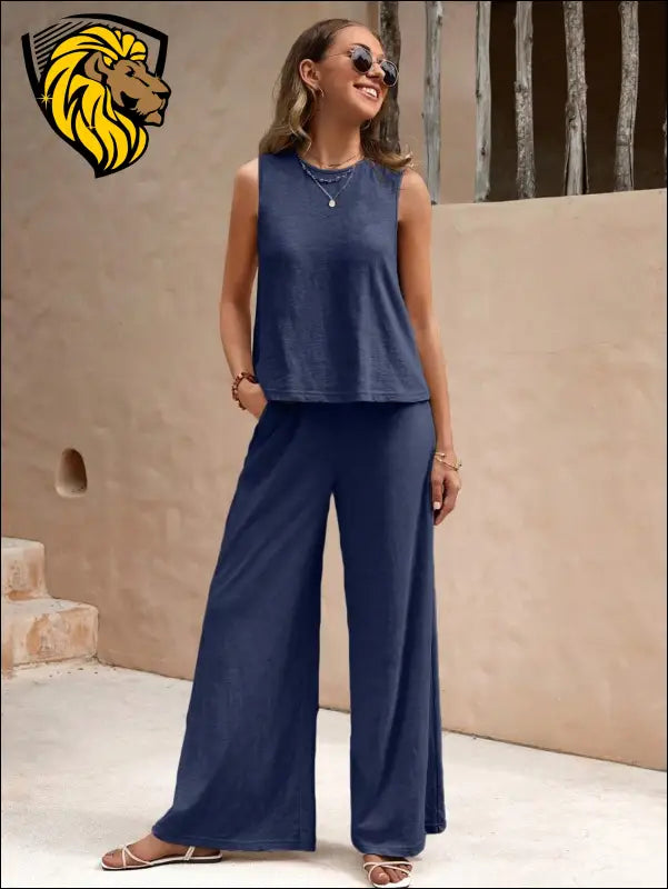 Round Neck Sleeveless Top and Wide Leg Pants Set - Set