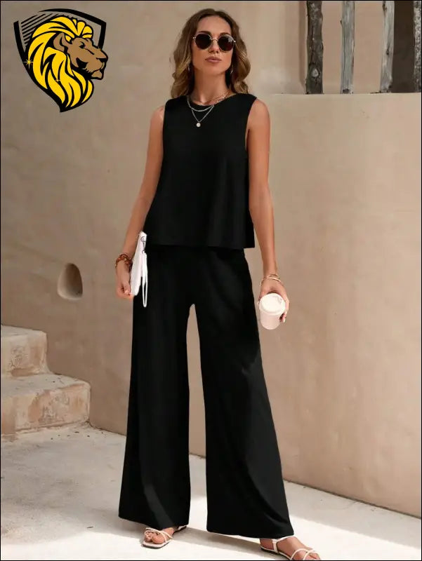 Round Neck Sleeveless Top and Wide Leg Pants Set - Set