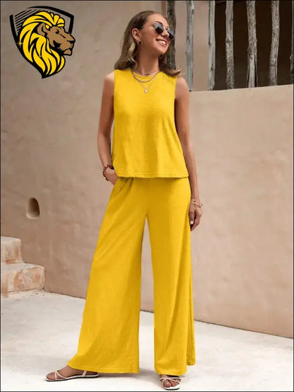 Round Neck Sleeveless Top and Wide Leg Pants Set - Set