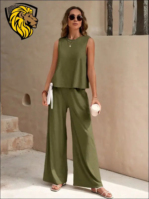 Round Neck Sleeveless Top and Wide Leg Pants Set - Set