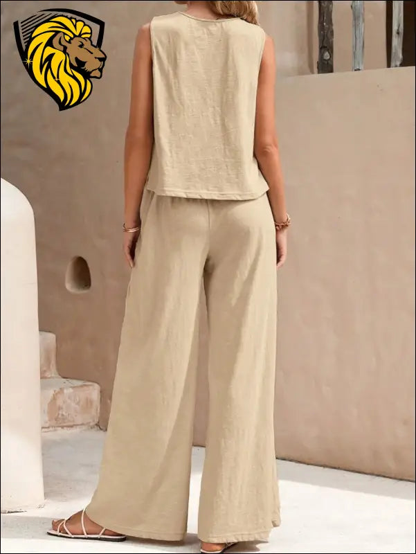 Round Neck Sleeveless Top and Wide Leg Pants Set - Set