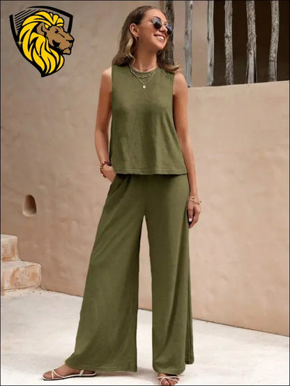 Round Neck Sleeveless Top and Wide Leg Pants Set - Army Green / S - Set