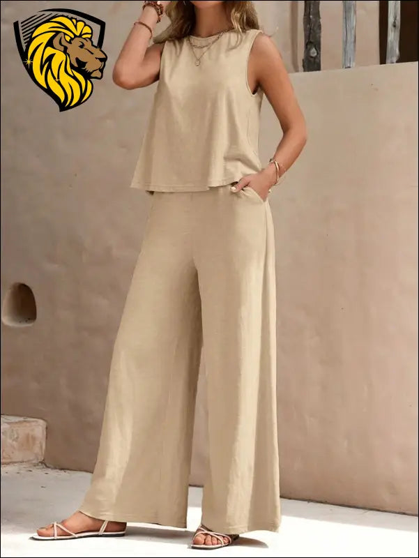 Round Neck Sleeveless Top and Wide Leg Pants Set - Beige / S - Set