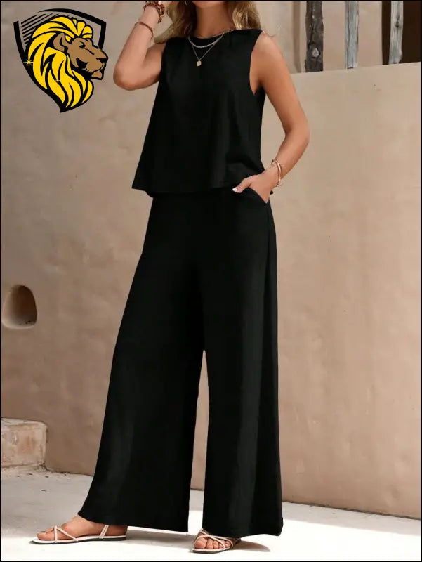 Round Neck Sleeveless Top and Wide Leg Pants Set - Black / S - Set