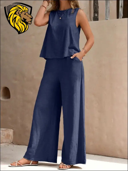 Round Neck Sleeveless Top and Wide Leg Pants Set - Dusty Blue / S - Set