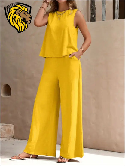 Round Neck Sleeveless Top and Wide Leg Pants Set - Gold / S - Set