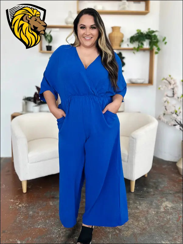 Double Take Full Size Surplice Wide Leg Jumpsuit with Pockets