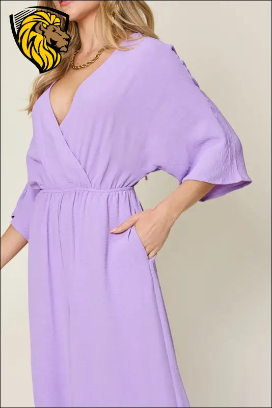 Double Take Full Size Surplice Wide Leg Jumpsuit with Pockets