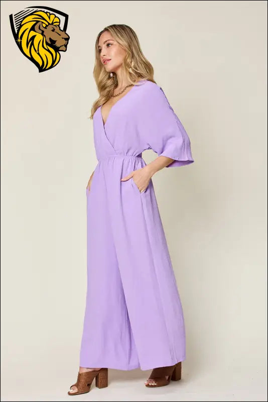 Double Take Full Size Surplice Wide Leg Jumpsuit with Pockets