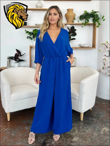 Double Take Full Size Surplice Wide Leg Jumpsuit with Pockets