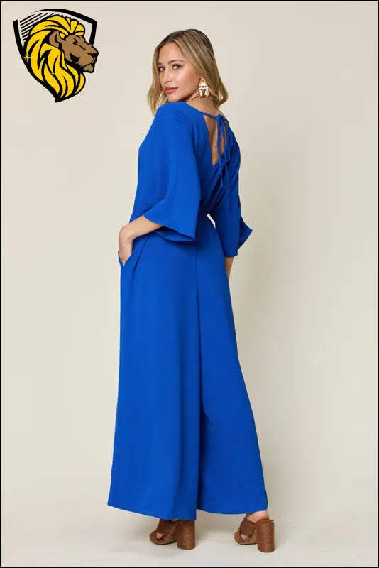 Double Take Full Size Surplice Wide Leg Jumpsuit with Pockets