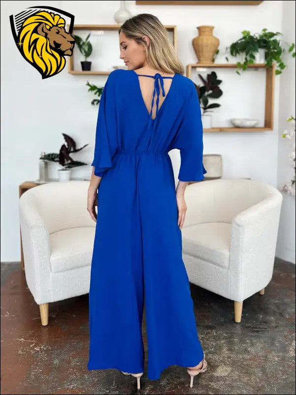 Double Take Full Size Surplice Wide Leg Jumpsuit with Pockets