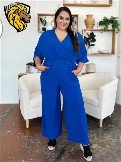 Double Take Full Size Surplice Wide Leg Jumpsuit with Pockets