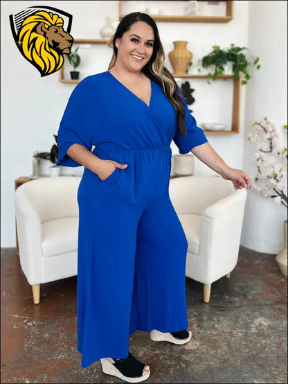 Double Take Full Size Surplice Wide Leg Jumpsuit with Pockets