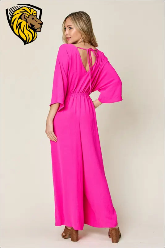 Double Take Full Size Surplice Wide Leg Jumpsuit with Pockets