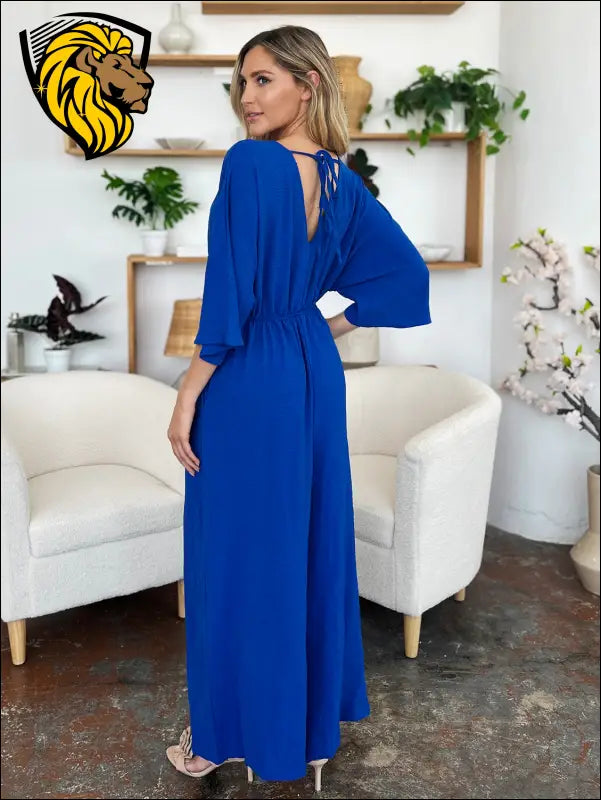 Double Take Full Size Surplice Wide Leg Jumpsuit with Pockets