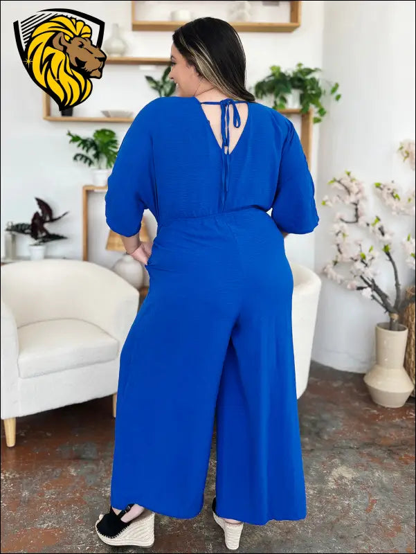 Double Take Full Size Surplice Wide Leg Jumpsuit with Pockets