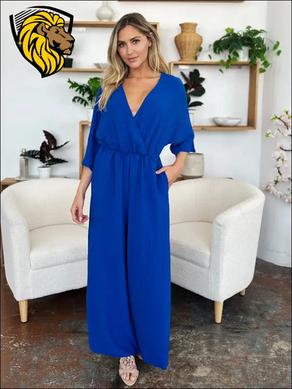 Double Take Full Size Surplice Wide Leg Jumpsuit with Pockets