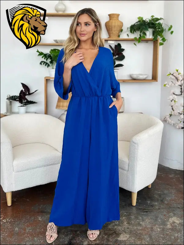 Double Take Full Size Surplice Wide Leg Jumpsuit with Pockets