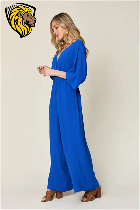 Double Take Full Size Surplice Wide Leg Jumpsuit with Pockets