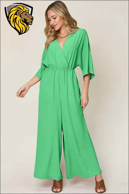 Double Take Full Size Surplice Wide Leg Jumpsuit with Pockets