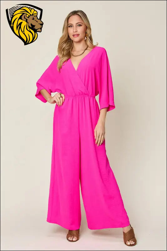 Double Take Full Size Surplice Wide Leg Jumpsuit with Pockets - Hot Pink / S