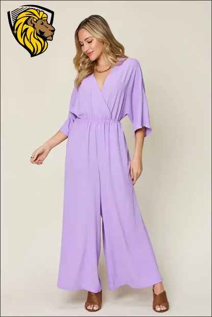 Double Take Full Size Surplice Wide Leg Jumpsuit with Pockets - Lavender / S