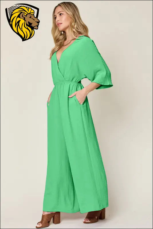 Double Take Full Size Surplice Wide Leg Jumpsuit with Pockets - Mid Green / S