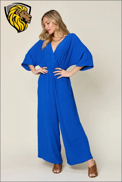 Double Take Full Size Surplice Wide Leg Jumpsuit with Pockets - Royal Blue / S