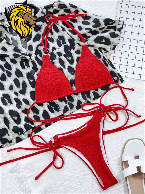 Textured Halter Neck Tie Side Bikini Set - Swimwear