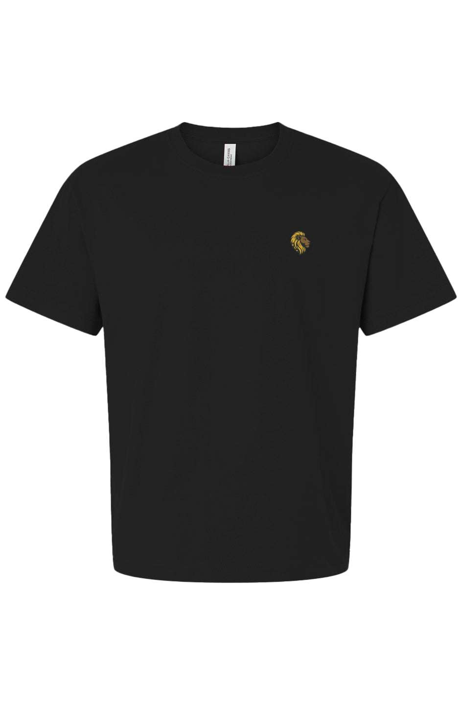 The One Boxy Heavy Tee black oversized cotton t-shirt with small gold lion logo and drop shoulder design
