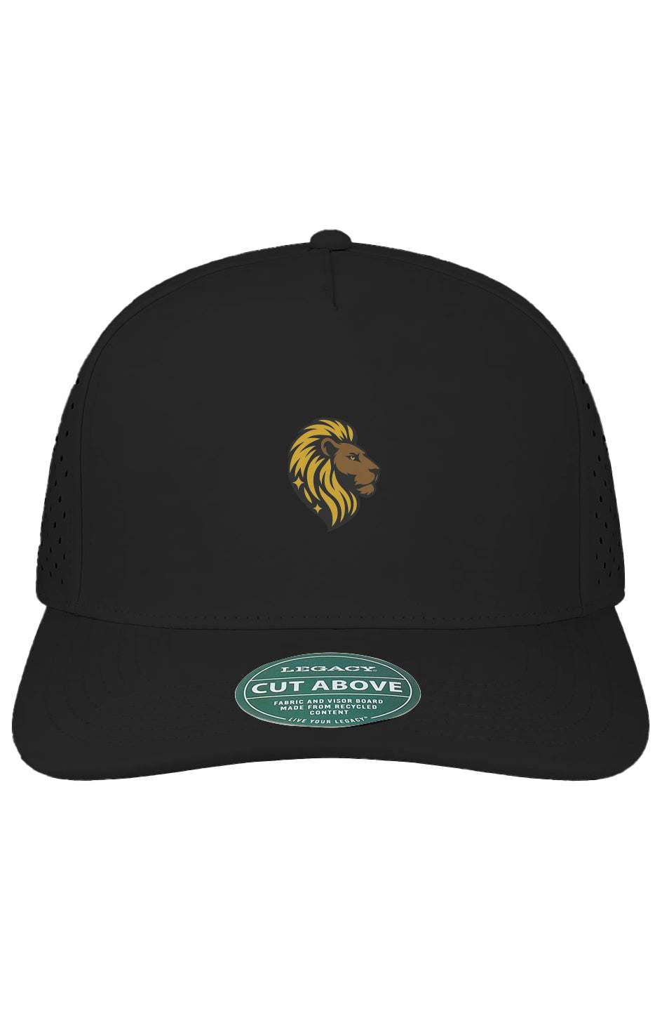 Black One Cut Above Cap with lion logo, breathable, lightweight, adjustable snapback, eco-friendly cotton twill design