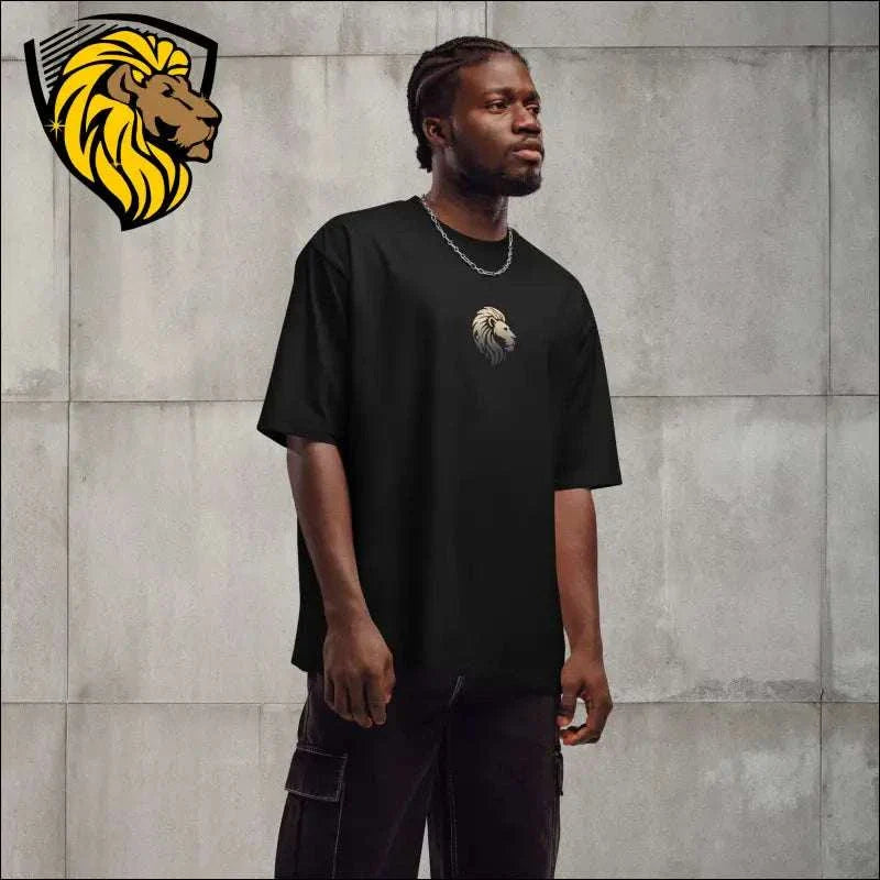 Black faded oversized heavyweight t-shirt with lion logo worn by male model in casual streetwear style