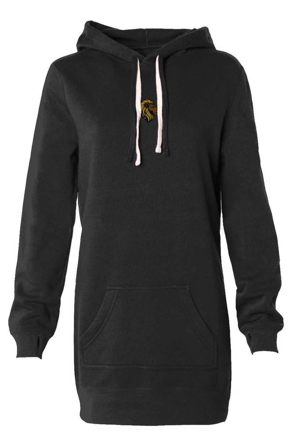 The One PR Black Hoodie Dress with Lion Logo | Long Sleeve Sweatshirt Dress for Women