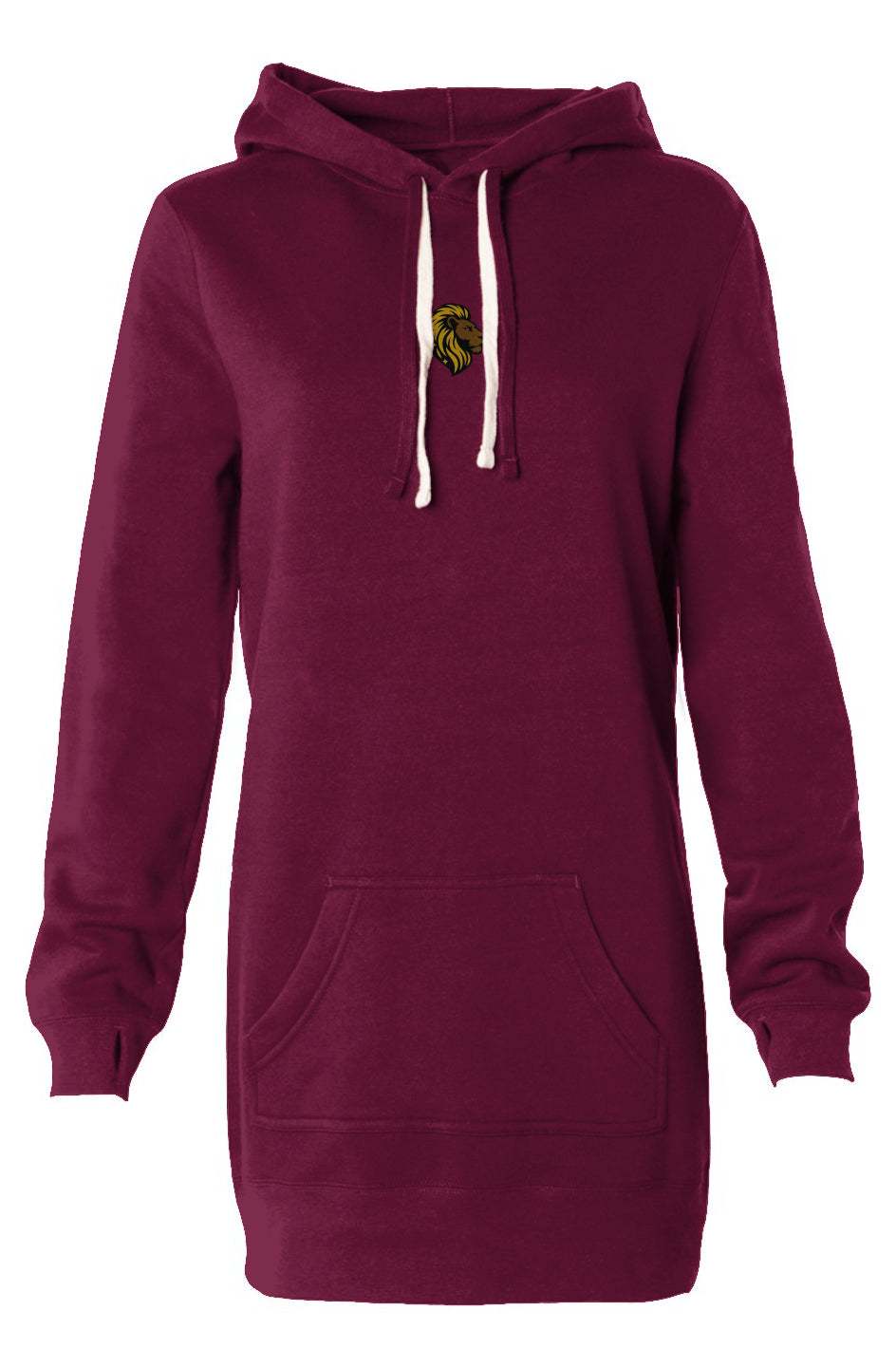 Burgundy hooded sweatshirt dress with kangaroo pocket and drawstring hood, made of soft cotton-poly fleece for cozy comfort and casual style