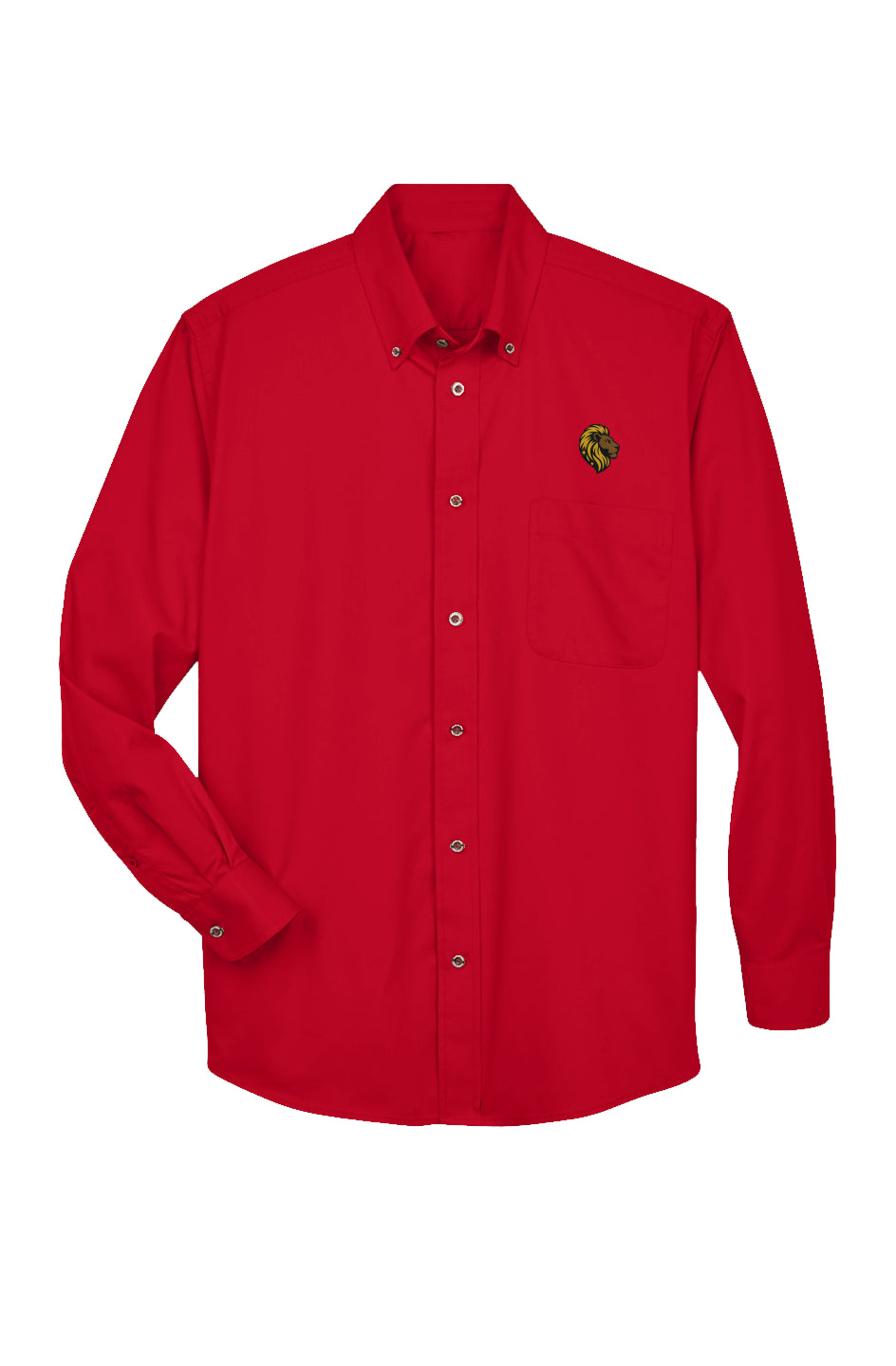 Red long-sleeve twill shirt with button-down collar and embroidered logo, wrinkle-resistant and stain-release design
