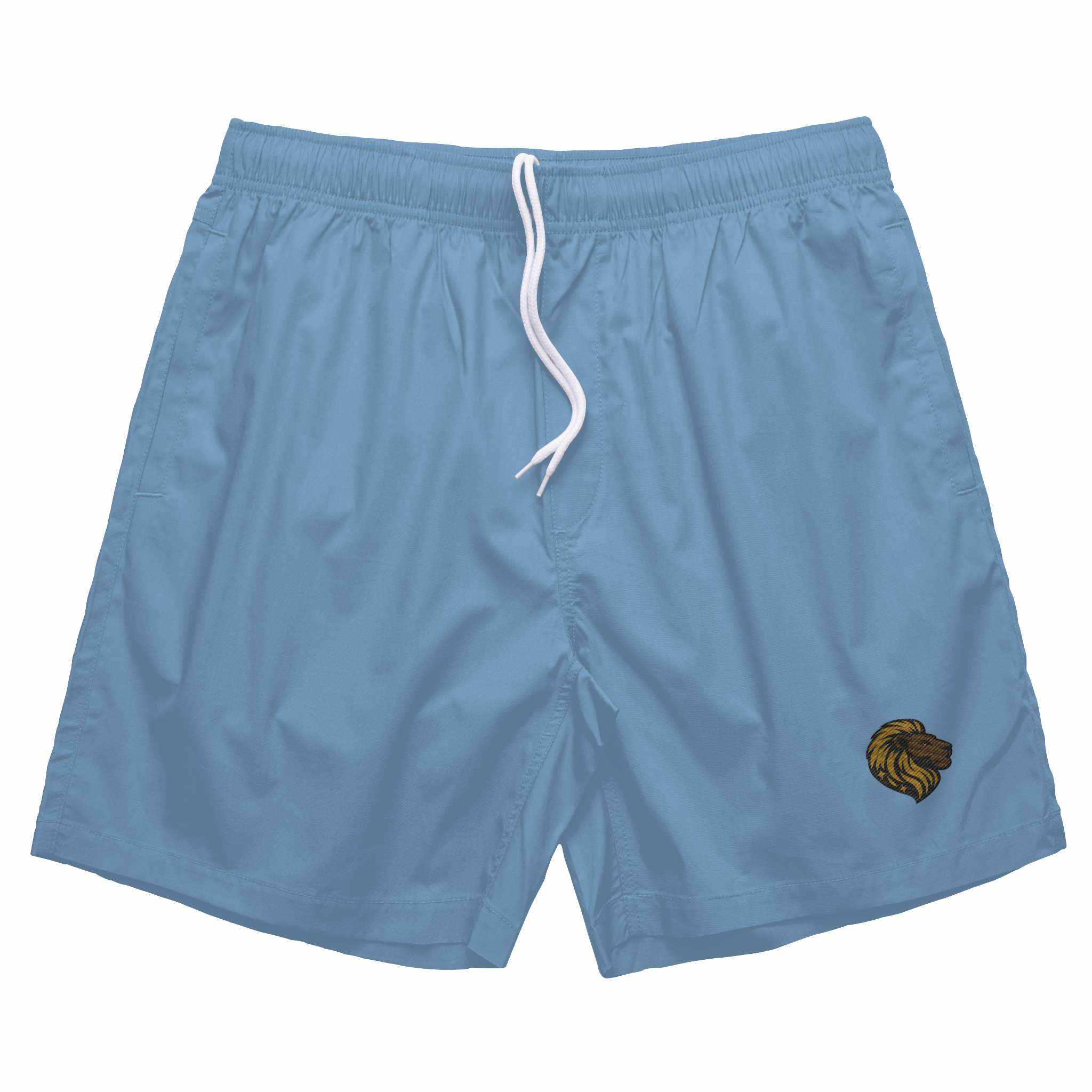 Men's Blue Swim Trunks with Lion Logo - Stylish Short Swim Shorts, Beach & Pool Ready