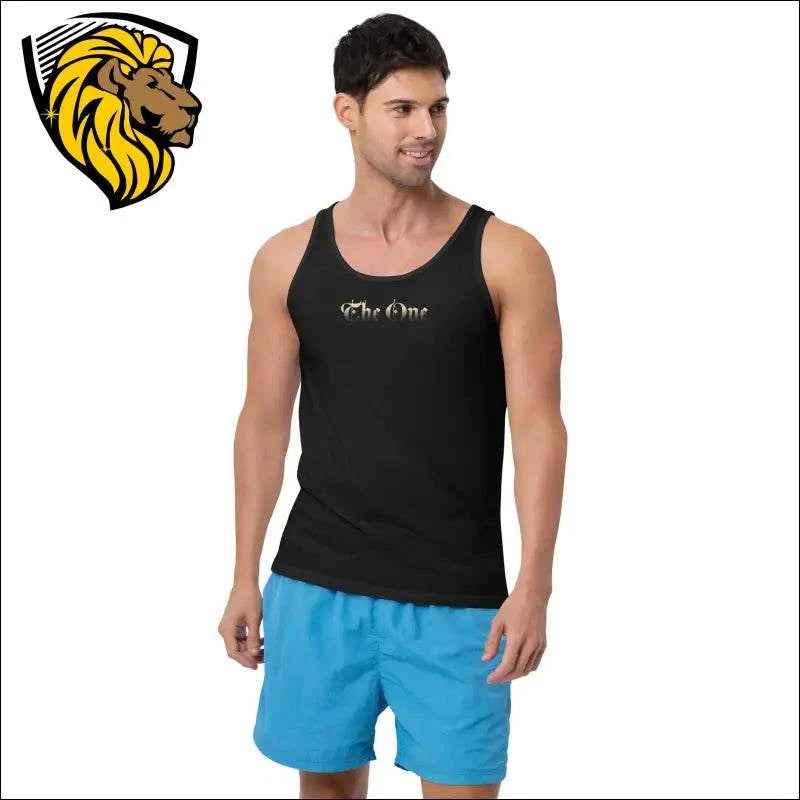 Men's tank top black with "The One" text, worn with blue shorts, comfortable and stylish summer wear