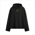 The One PR black heavyweight boxy hoodie with gold graphic logo on chest and raw hem.