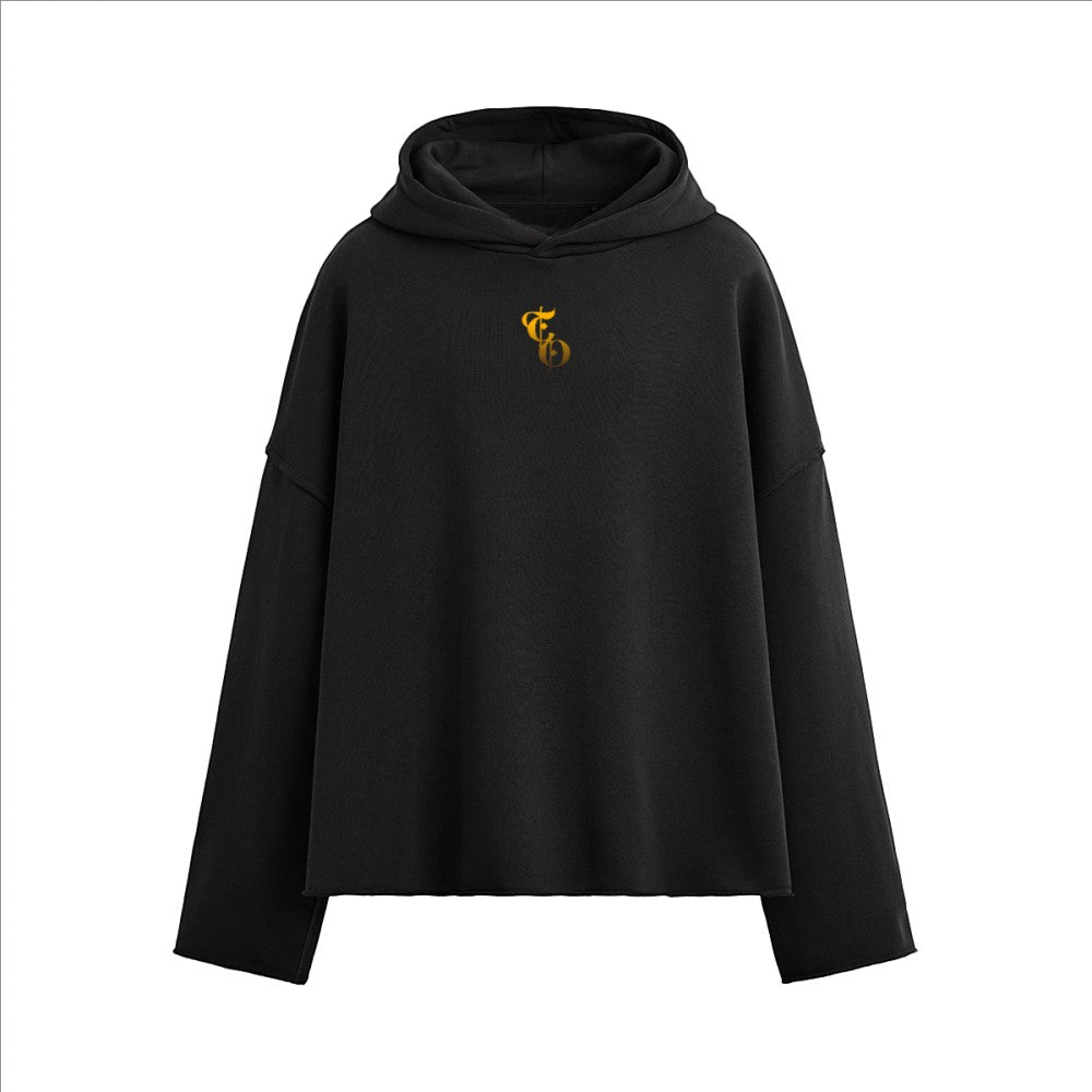 The One PR black heavyweight boxy hoodie with gold graphic logo on chest and raw hem.