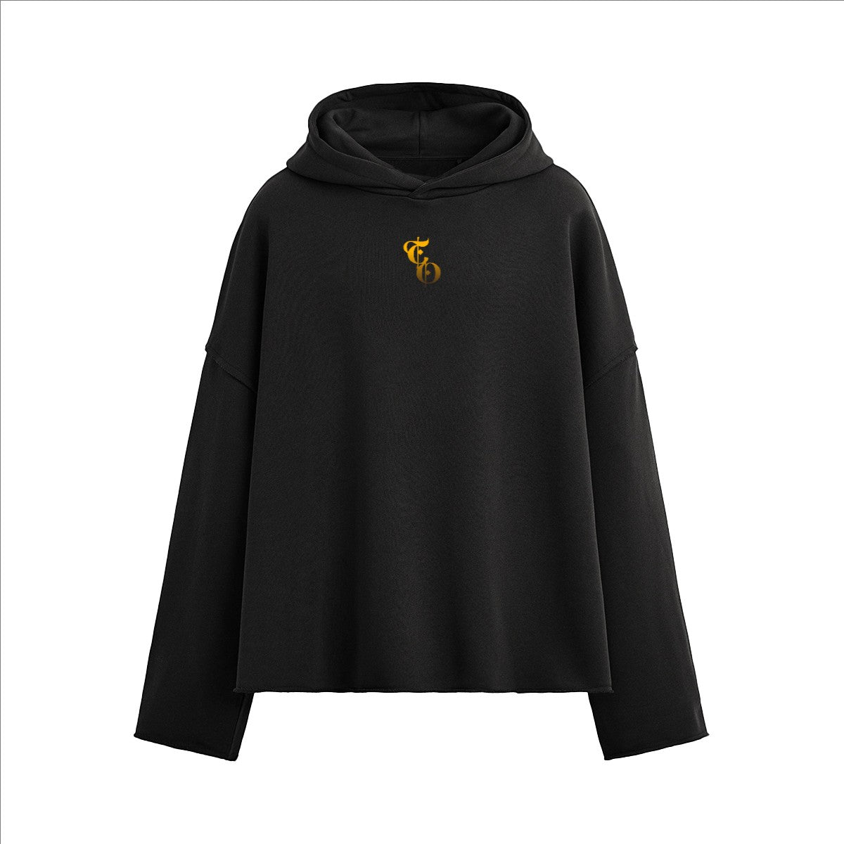 The One PR heavyweight boxy hoodie in black with a gold graphic logo on the chest. Features a relaxed fit and raw hem.