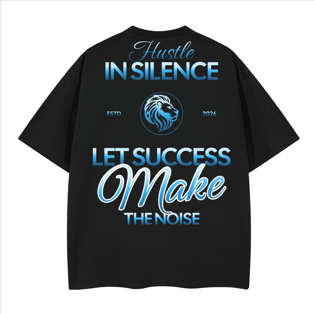 The One PR black heavyweight cotton t-shirt with crew neck and drop shoulders, featuring 'Hustle In Silence' and 'Let Success Make The Noise' graphic.