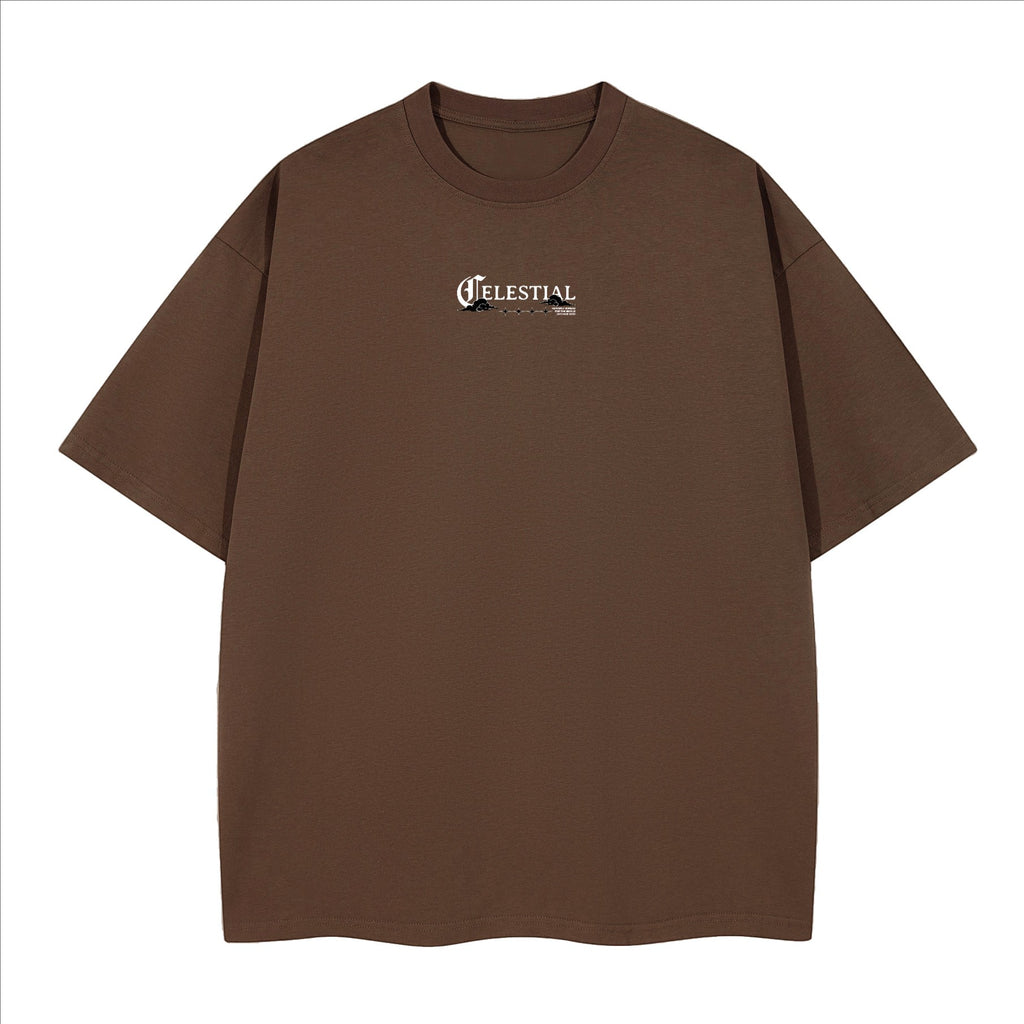 The One PR brown heavyweight cotton boxy t-shirt with crew neck and drop shoulders, featuring a small celestial graphic on the chest.
