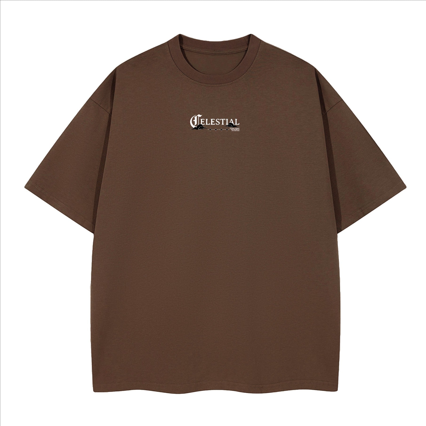 The One PR brown heavyweight cotton boxy t-shirt with crew neck and drop shoulders, featuring a small celestial graphic on the chest.