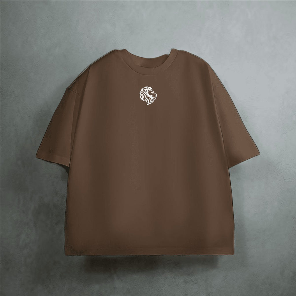 The One PR brown heavyweight cropped loose t-shirt with white lion logo on chest. 100% combed cotton.