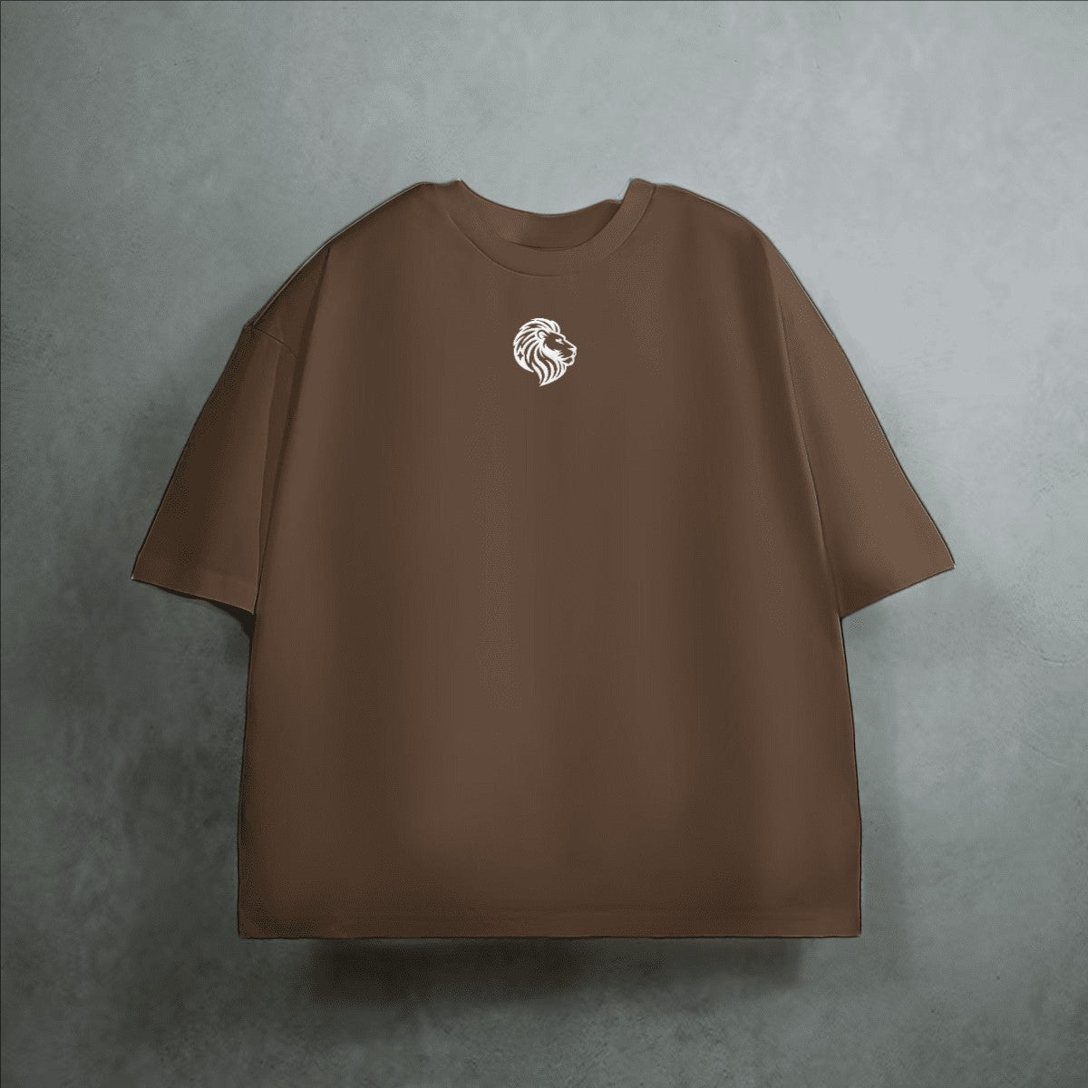 The One PR brown heavyweight cropped loose t-shirt with white lion logo on chest. 100% combed cotton.