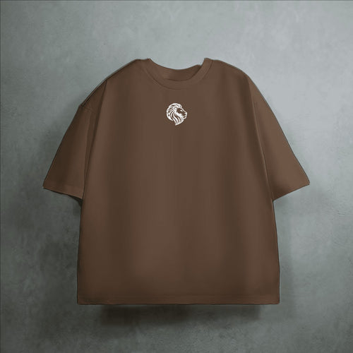 The One PR brown heavyweight cropped loose t-shirt with white lion logo on chest. 100% combed cotton.